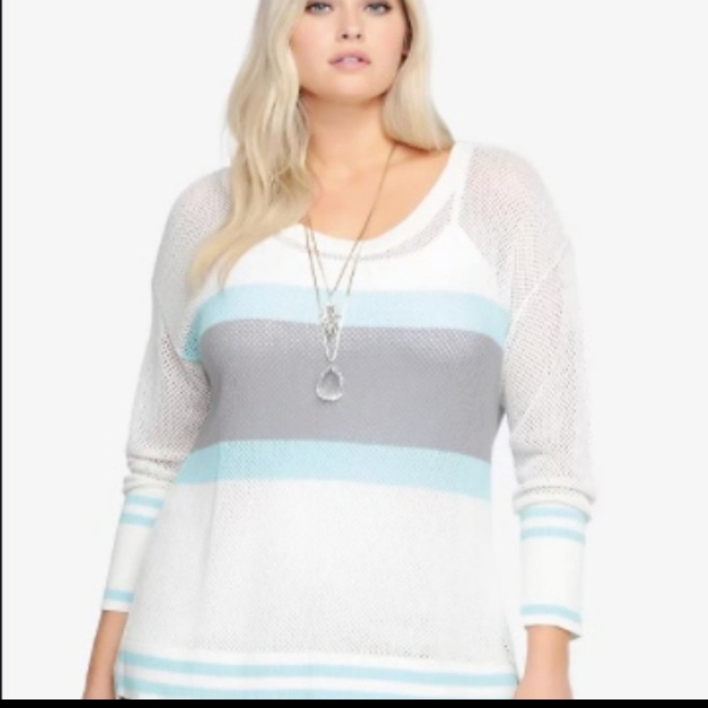 Blue striped torrid size 3 long sleeve open knit sweater